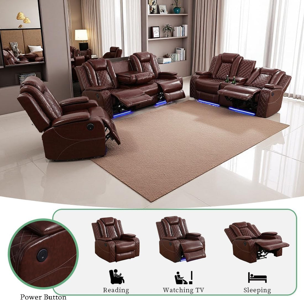 Living Room Set Brown Breathing Leather Sofa Living Room Furniture Set Power Recliner Manual Sofa,Loveseat and Chair with Cup Holders/Storage Console/LED Light for Living Room