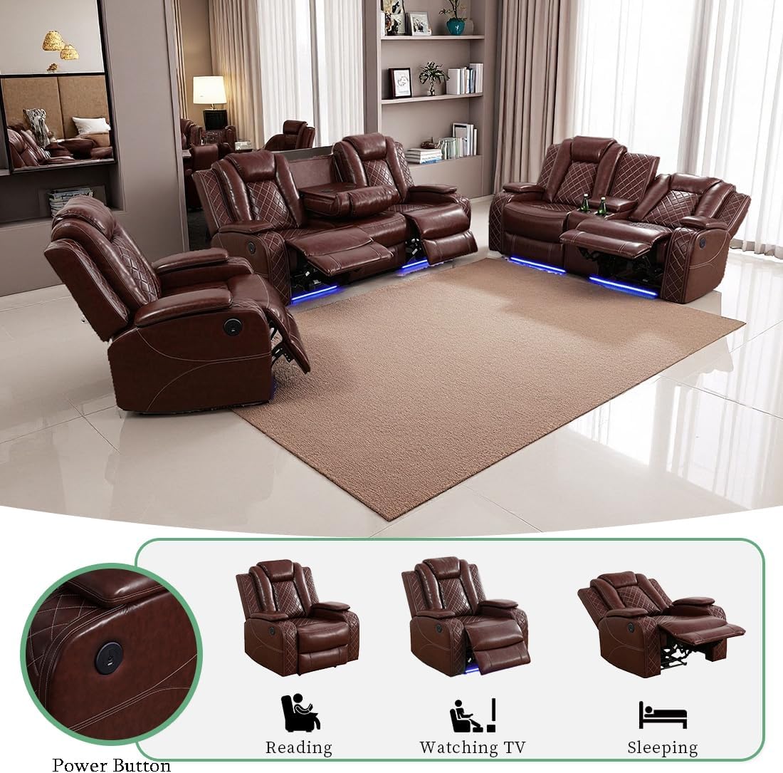 Living Room Set Brown Breathing Leather Sofa Living Room Furniture Set Power Recliner Manual Sofa,Loveseat and Chair with Cup Holders/Storage Console/LED Light for Living Room