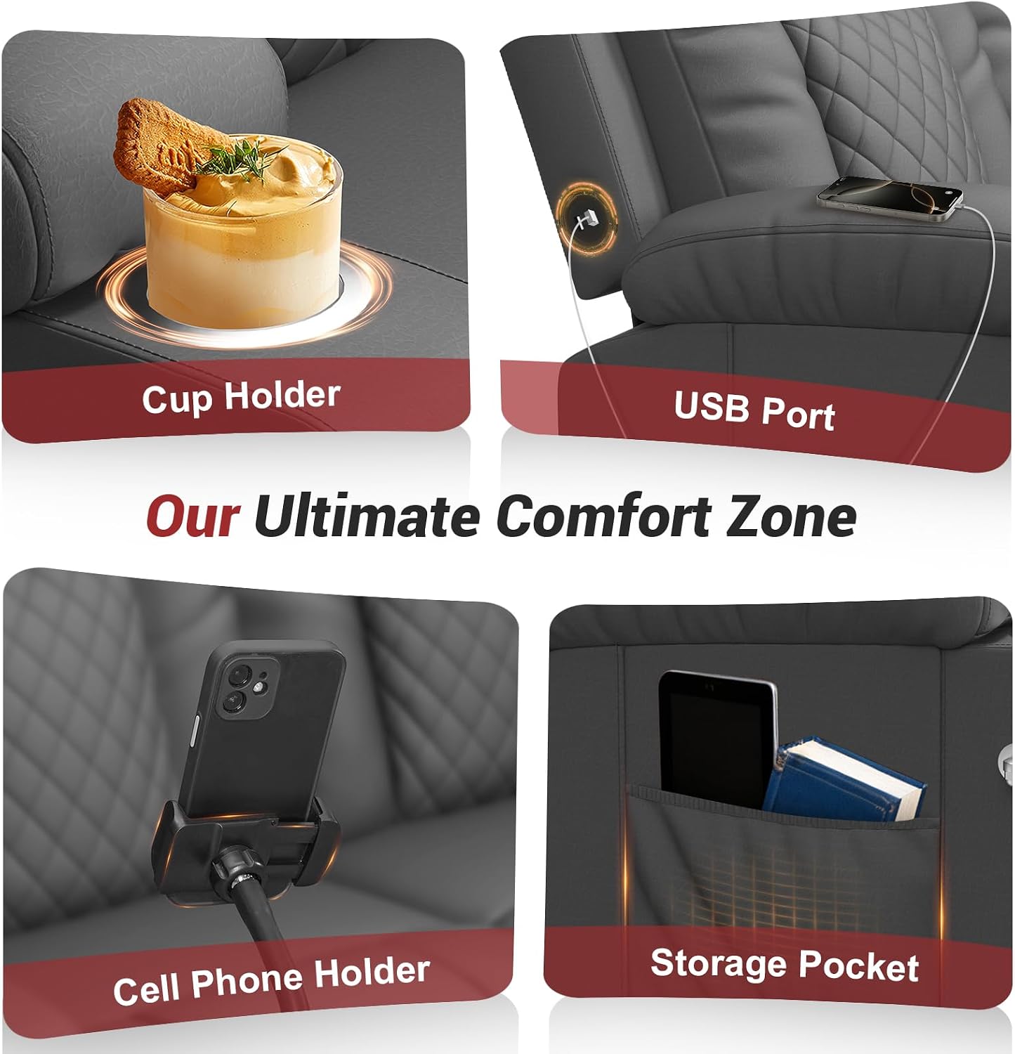 FURNIMAT 2026 Fabric Loveseat Recliner Sofa, 2 Seater Reclining Loveseat Sofa, RV Loveseat Couch, Modern Recliner Chair for Living Room, with Cup Holder and 2 Cell Phone Holders, USB Ports, Gray