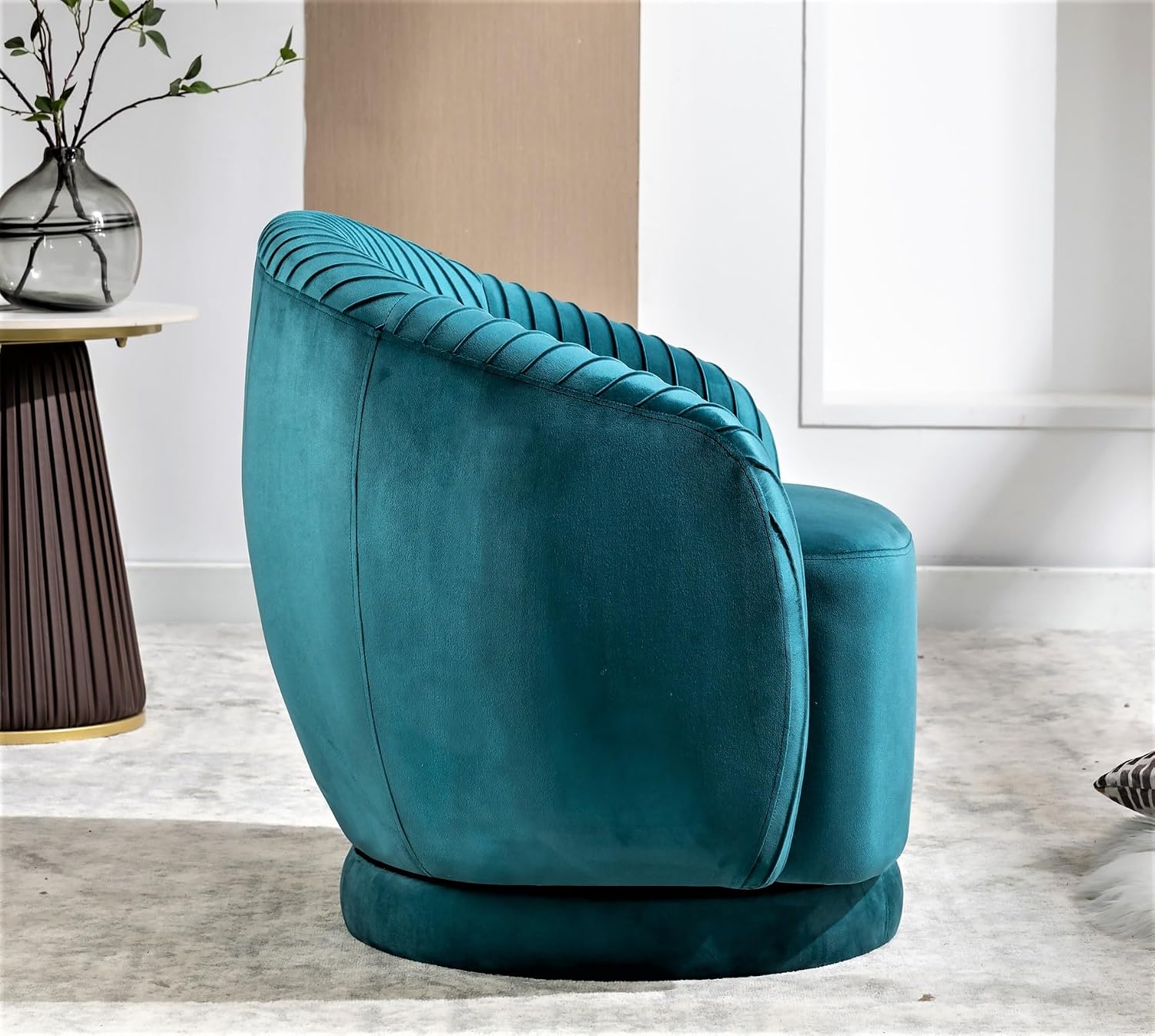 Container Furniture Direct Modern Barrel Swivel Chair with Plush Velvet Upholstery and Smooth 360° Rotation, Round Accent One-Seater Sofa for Living Room, Bedroom, and Office, Greenish Blue