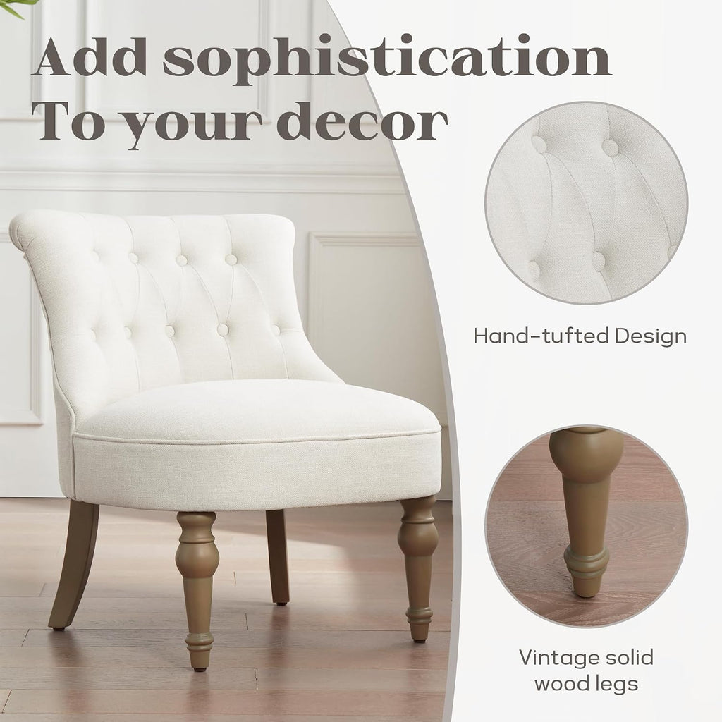 Zihanhome Living Room Chairs, Armless Accent Chair, Comfy Tufted Bedroom Chair, Upholstered Chair with Wooden Legs for Reading Room, Reception, Apartments and Dormitories (Beige)