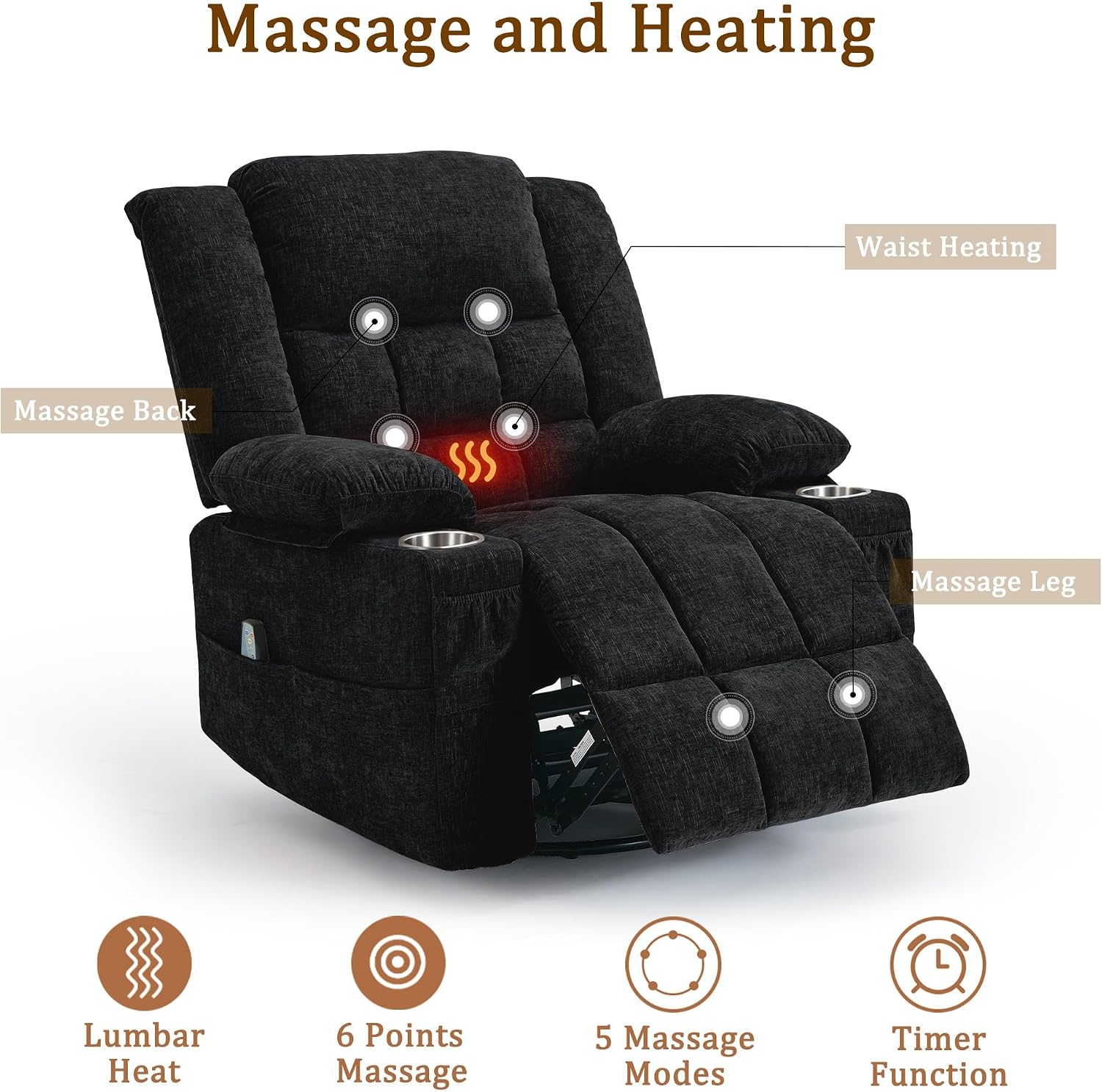 Korser 360° Swivel Rocker Recliner for Adult, Nursery Glider Recliners with Massage & Heating, Rocking Chair with Cup Holder, Manual Recliner Chair for Living Room, Bedroom (Black)