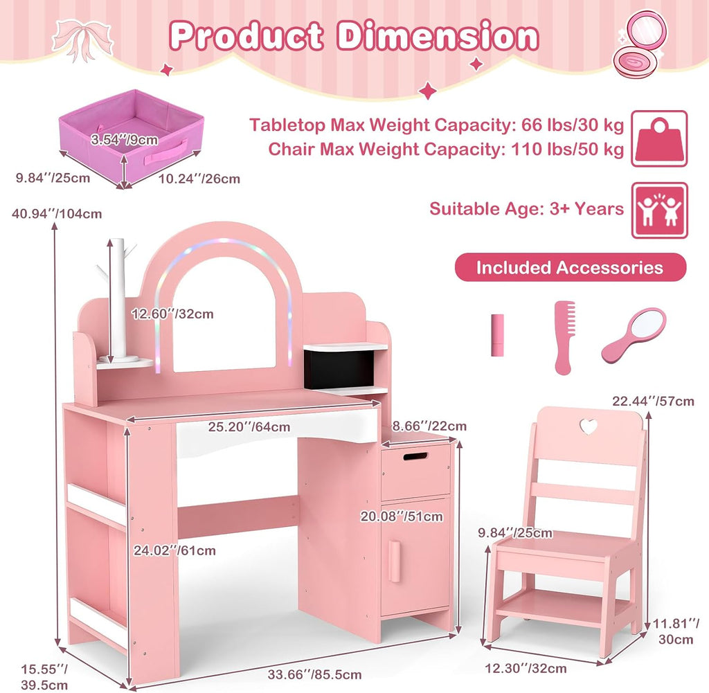 INFANS Kids Vanity with Lights, Princess Makeup Desk with Mirror, Jewelry Hanger, Fabric Drawers, Toddler Table and Chair Set Pretend Play for Girls