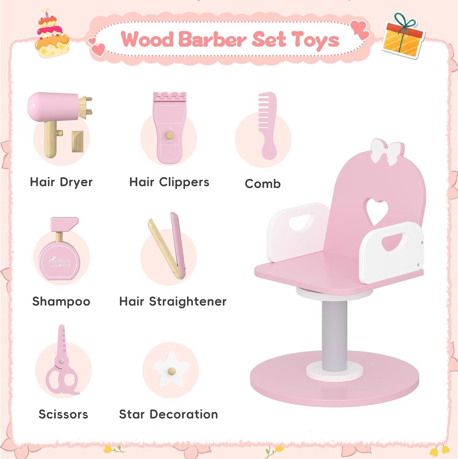 Wooden Kids Vanity Table and Chair Set with Light and Mirror, Princess Makeup Vanity Desk with Barber Chair and Rolling Cart, Pretend Hair Salon Play Set, Toddler Vanity Set for Girls, Pink