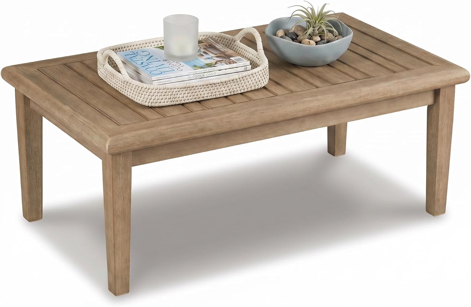 Signature Design by Ashley Gerianne Outdoor Coffee Table, Eucalyptus Wood With 5‑Step Protective Finish & Slatted Top for Rain Shedding, Durable for Outside Patio Use, Brown