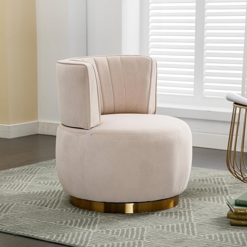 KEIKI Swivel Barrel Accent Chair, 360 Degree Rotating Upholstered Armchair with Velvet Fabric for Living Room, Office, Bedroom, Beige