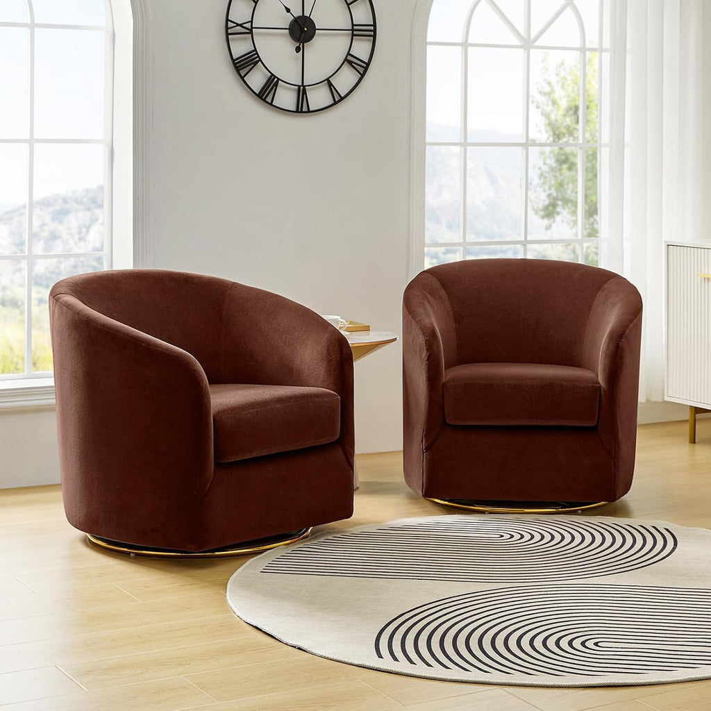 HULALA HOME Swivel Accent Chair with Gold Metal Base, Set of 2 Contemporary Velvet Curved Swivel Barrel Chair, Upholstered Club Armchair, Leisure Single Sofa for Living Room, Bedroom(Burn-Brick)