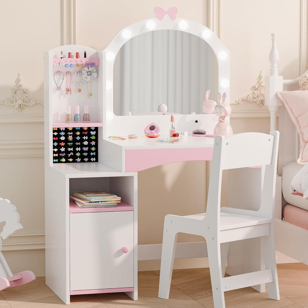 MU Kids Vanity, Girl Vanity Set with Mirror and Chair, 2 in 1 Toddler Makeup Vanity Table with Jewelry Storage, Wooden Princess Makeup Desk Dressing Table for Little Girls, White