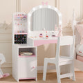 MU Kids Vanity, Girl Vanity Set with Mirror and Chair, 2 in 1 Toddler Makeup Vanity Table with Jewelry Storage, Wooden Princess Makeup Desk Dressing Table for Little Girls, White
