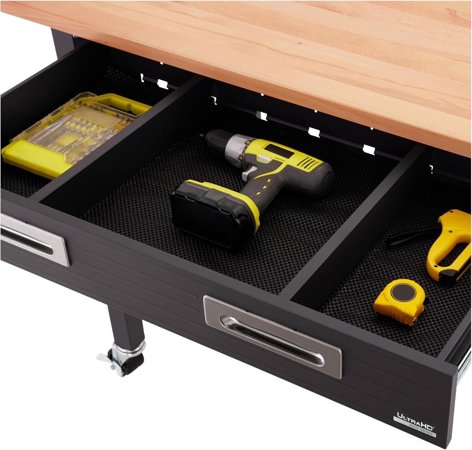 Seville Classics UltraGraphite Wood Top Workbench on Wheels with Sliding Organizer Drawer Table, 48', Graphite