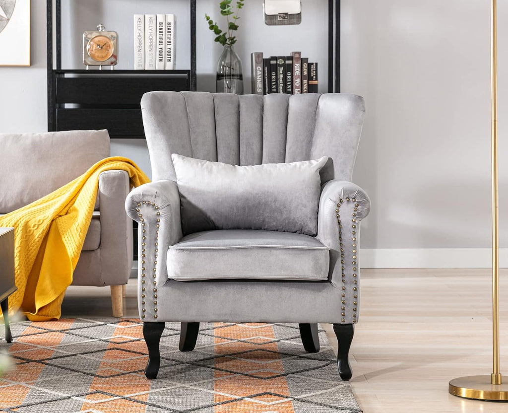 Kmax Grey Accent Chair Velvet Wingback Chair with Pillow Nail-Head Channel Tufted Oversized Club Chair for Living Room Bedroom Guest Room