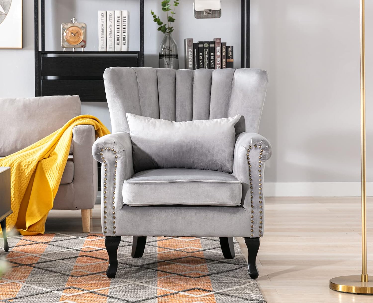 Kmax Grey Accent Chair Velvet Wingback Chair with Pillow Nail-Head Channel Tufted Oversized Club Chair for Living Room Bedroom Guest Room