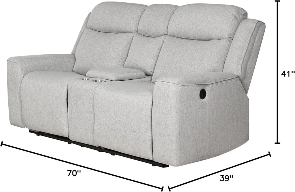 AC Pacific Amelia Upholstered Recliner Loveseat with Storage Console and Cup Holders, Living Room Furniture with Stylish, Comfortable, and Versatile Design for Modern Homes, White