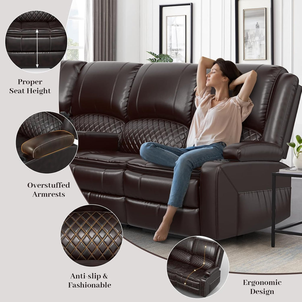 Yolsali Home Theater Seating Reclining Sectional Sofa, 5 Seats Soft Leather Recliner Corner Sectional Couch, Recliner Couch with USB Charging, Thickened Padding, Sturdy Frame, Brown