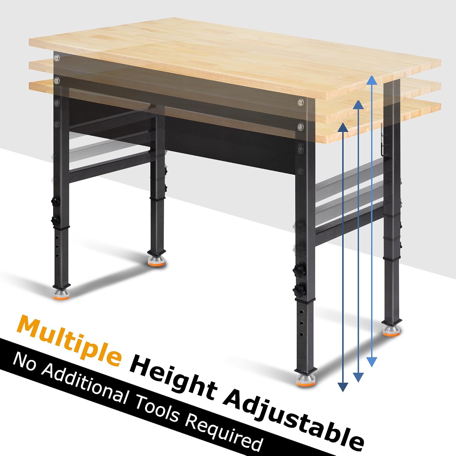 48' Adjustable Work Bench, Rubber Wood Top Workbench Heavy-Duty Work Table, 2000 LBS Load Capacity Hardwood Work Benches for Garage, Workshop, Home, Office, Easy Assembly
