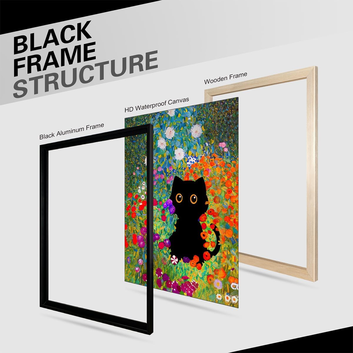 Vintage Black Cat Poster Impressionist Colorful Flower Garden Canvas Wall Art Famous Art Prints 24X36 inch Black Framed Funny Cat Pictures for Gallery Bedroom Wall Decor