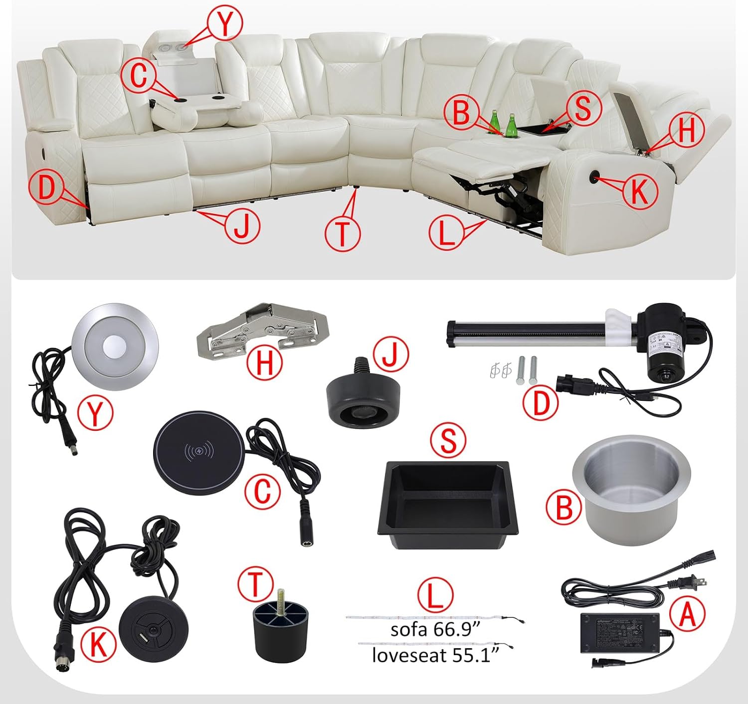 Reclining Sectional, Power Sectional Couch, Leather Sofa Set for Living Room, Comfy Home Theater Seating with USB 2.0 Charging Ports, LED Light Strips, Fold-Down Table & Cupholders (White, 3-Piece)