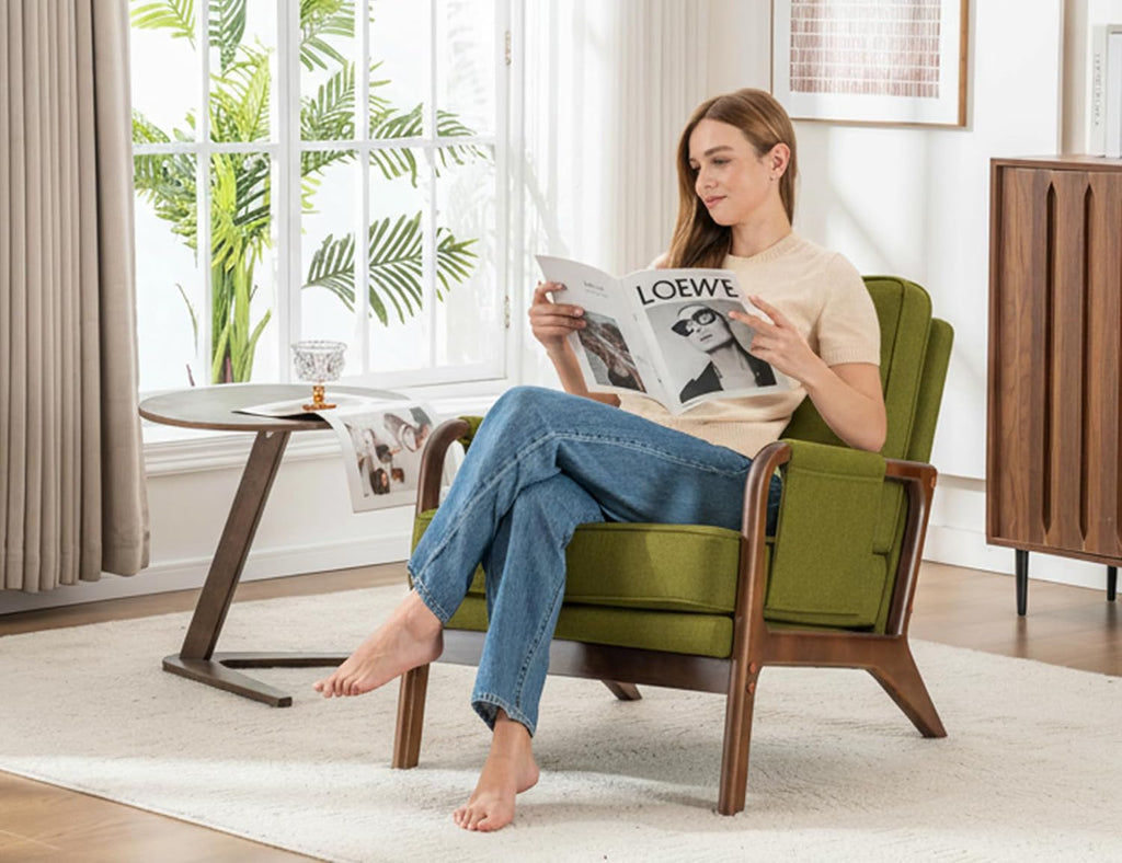 Mid Century Modern Chair Set of 2, Upholstered Lounge Arm Chair with Solid Wood Frame, Comfy Accent Chair for Living Room, Bedroom, Reading, Reception,Green