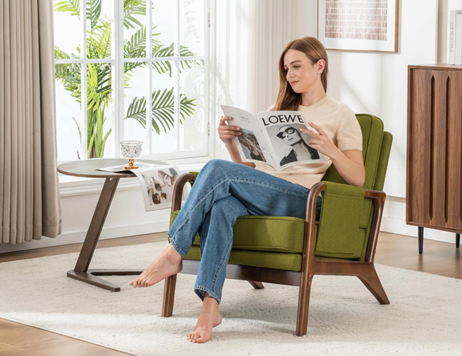 Mid Century Modern Chair Set of 2, Upholstered Lounge Arm Chair with Solid Wood Frame, Comfy Accent Chair for Living Room, Bedroom, Reading, Reception,Green