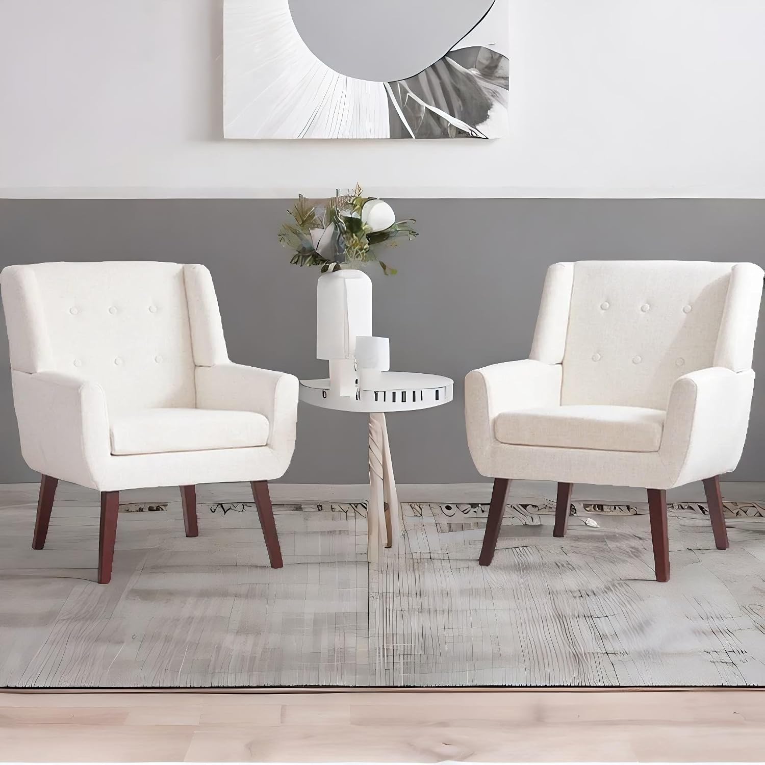 HUIMO Upholstered Accent Chairs Set of 2,Button-Tufted Reading Comfy Living Room Chair with Wooden Legs,Mid Century Modern Chair with Linen Fabric,Club Chair Comfy Arm Chairs for Bedroom,Beige