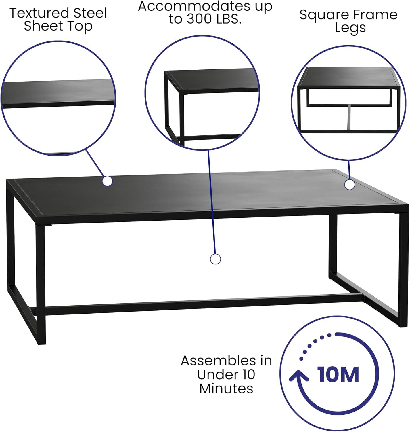 Flash Furniture Brock Commercial Grade Steel Modern Patio Coffee Table, Rectangular Outdoor Coffee Table with Textured Top and Square Leg Frame, Black