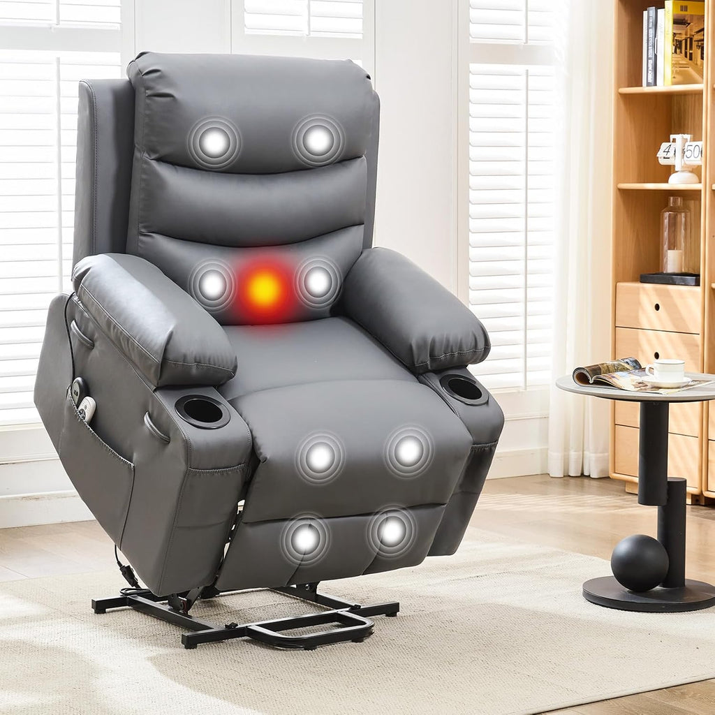 GarveeHome Power Lift Recliner Chair for Elderly, Oversized Electric Lift Chair with Heat and Massage, PU Leather Adjustable Recliner with Cup Holders & Side Pocket for Living Room, Gray