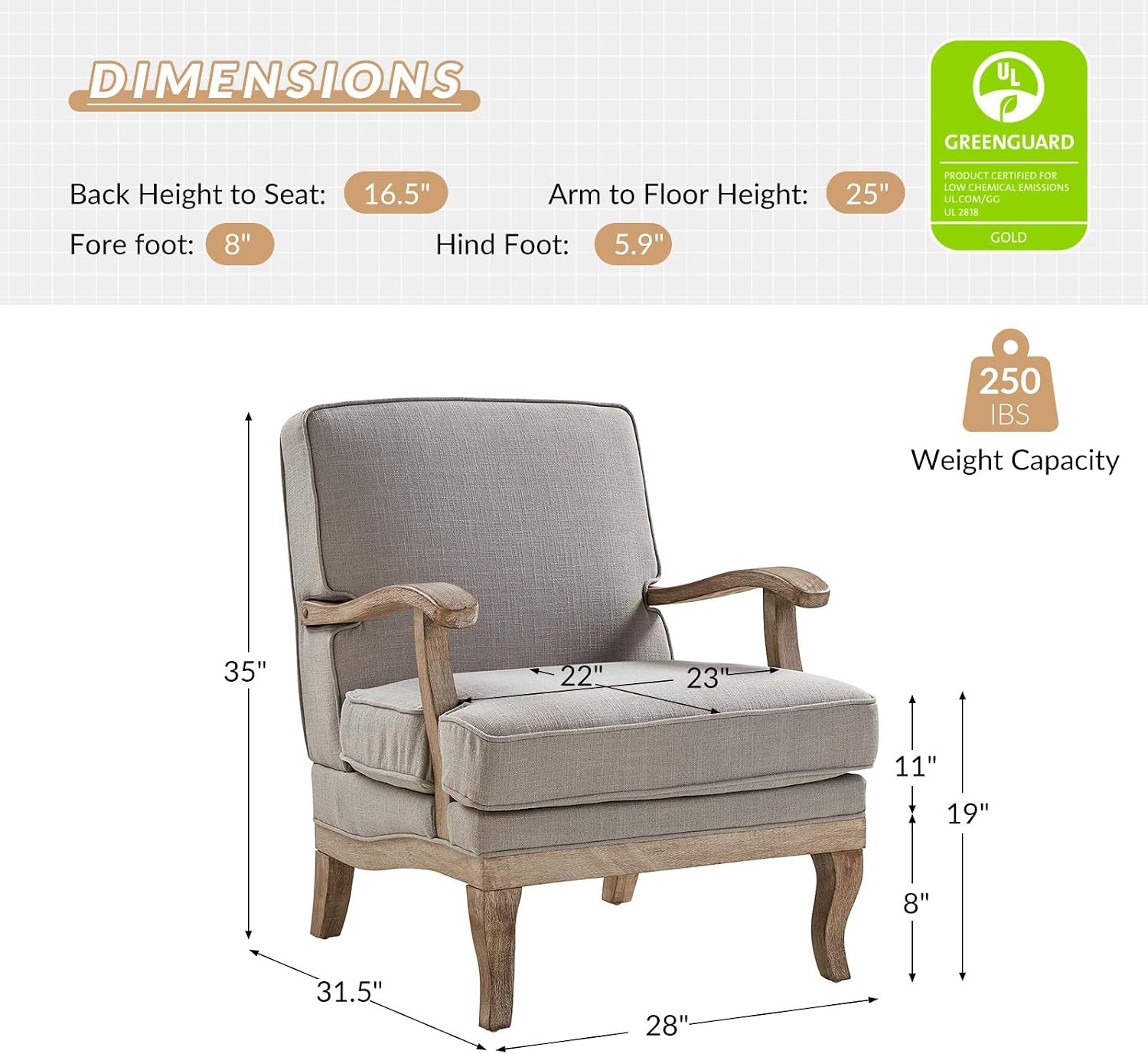 HULALA HOME Mid-Century Modern Accent Chair, Upholstered Lounge Arm Chair with Solid Wood Legs and Armrest, Removable Cushion Comfy Retro Reading Armchair for Living Room, Bedroom, Balcony, Grey