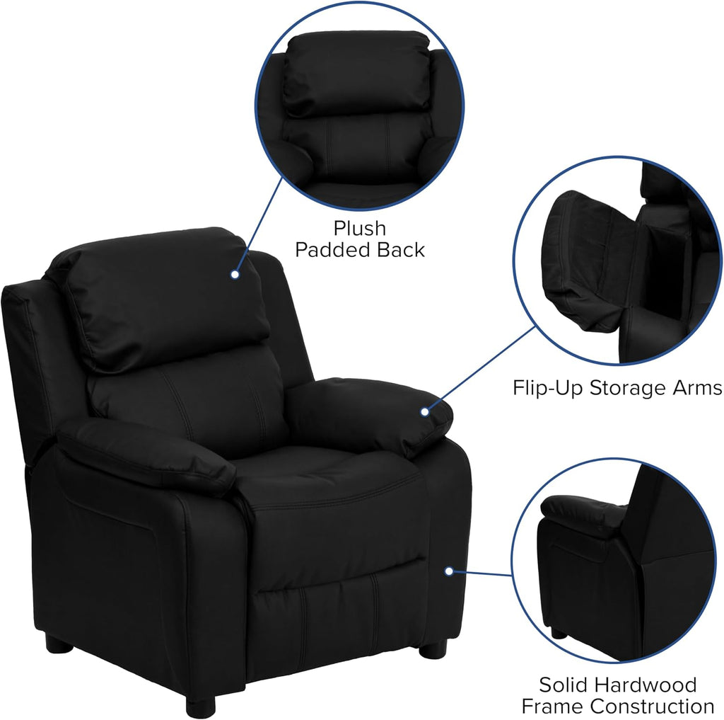 Flash Furniture Charlie LeatherSoft Kids Recliner with Flip-Up Storage Arms and Safety Recline, Contemporary Reclining Chair for Kids, Supports up to 90 lbs., Black