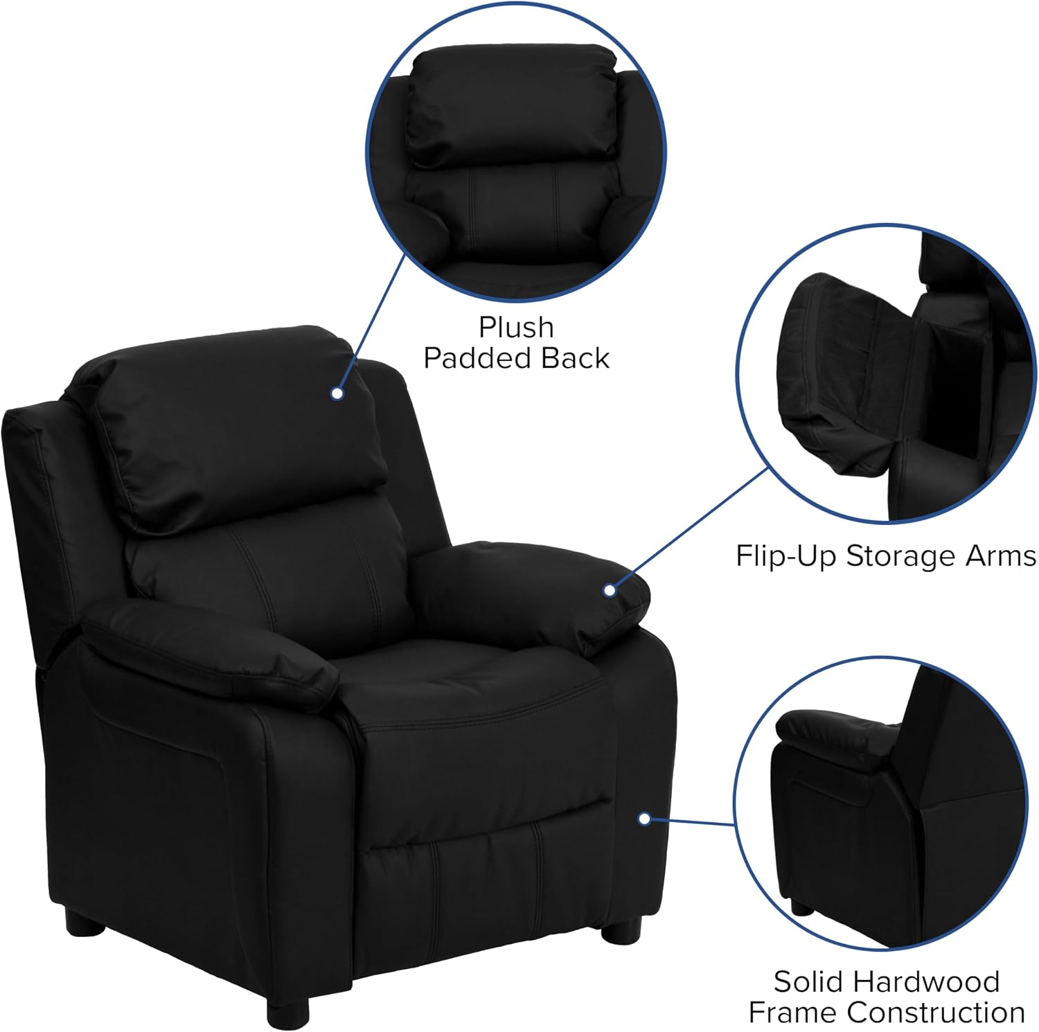 Flash Furniture Charlie LeatherSoft Kids Recliner with Flip-Up Storage Arms and Safety Recline, Contemporary Reclining Chair for Kids, Supports up to 90 lbs., Black