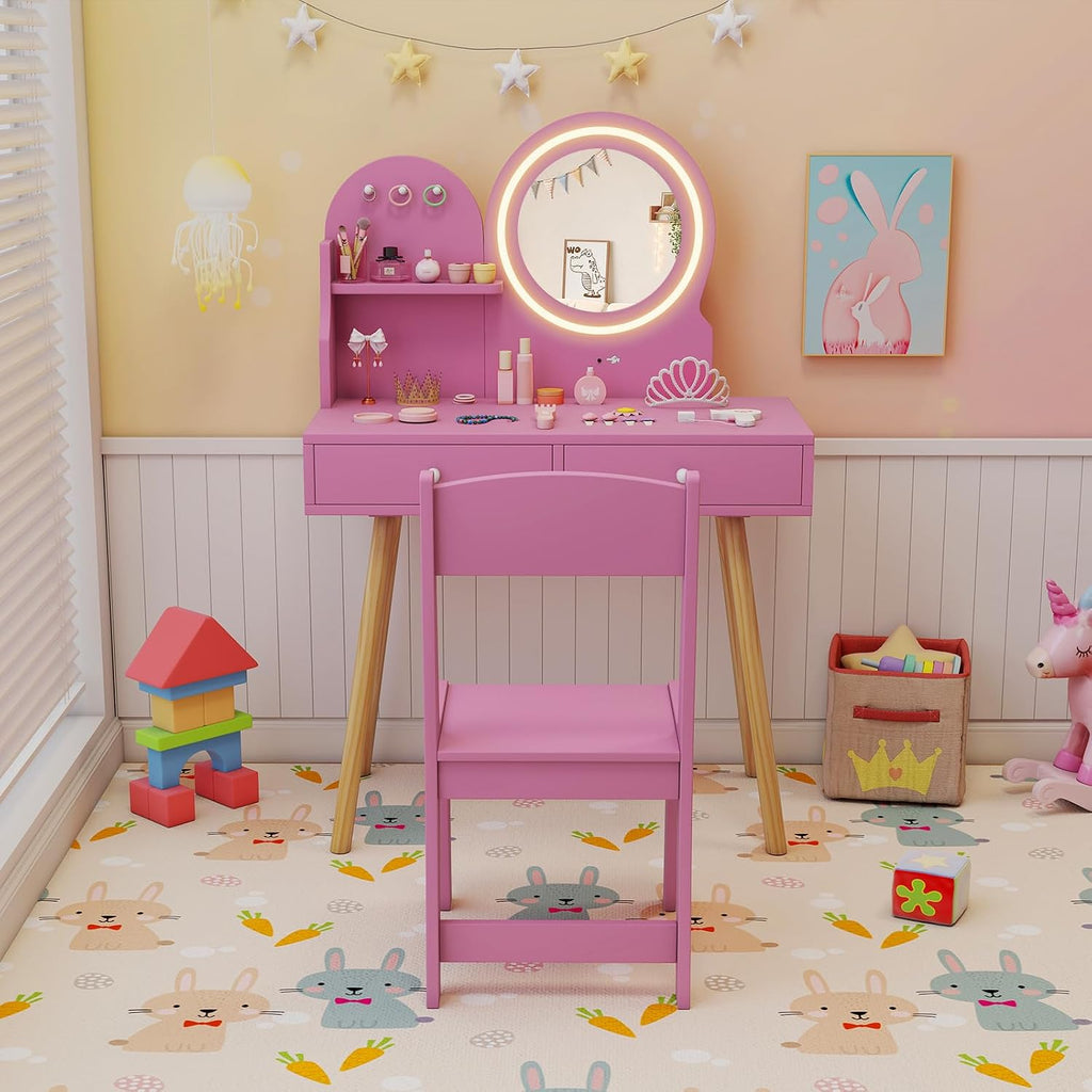 HONEY JOY Kids Vanity, Little Girls Vanity Set with Mirror and Stool and Lights, Drawers, Toddler Makeup Vanity Dressing Table, Wooden Pretend Play Kids Vanity Table and Chair Set (Pink)