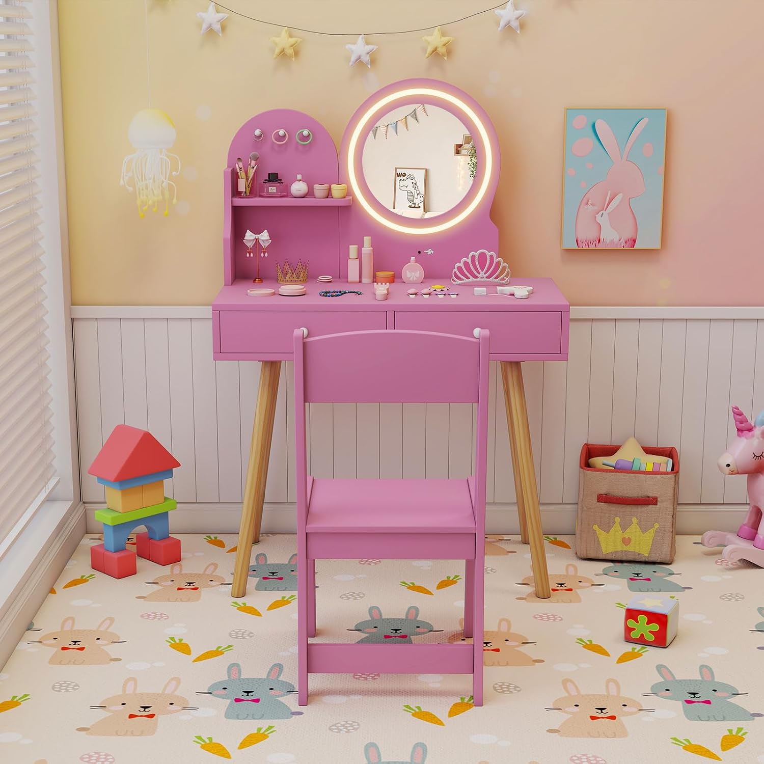 HONEY JOY Kids Vanity, Little Girls Vanity Set with Mirror and Stool and Lights, Drawers, Toddler Makeup Vanity Dressing Table, Wooden Pretend Play Kids Vanity Table and Chair Set (Pink)