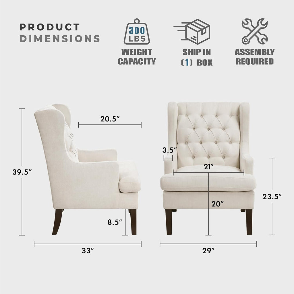 Lexicon Living Room Accent Chair, Textured Fabric Upholstered Reading Chair, Button-Tufted, High Wingback for Living Room/Bedroom/Office, Beige