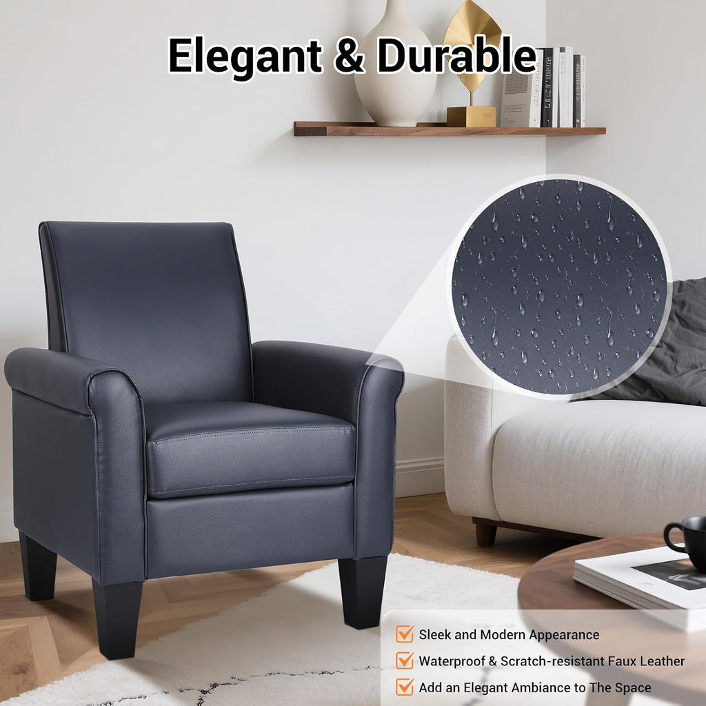 Mid-Century Modern Leather Accent Chairs Overstuffed Leather Living Room Chair Upholstered Comfortable Club Chair PU Leather Armchair for Bedroom Office Waiting Room -Dark Blue