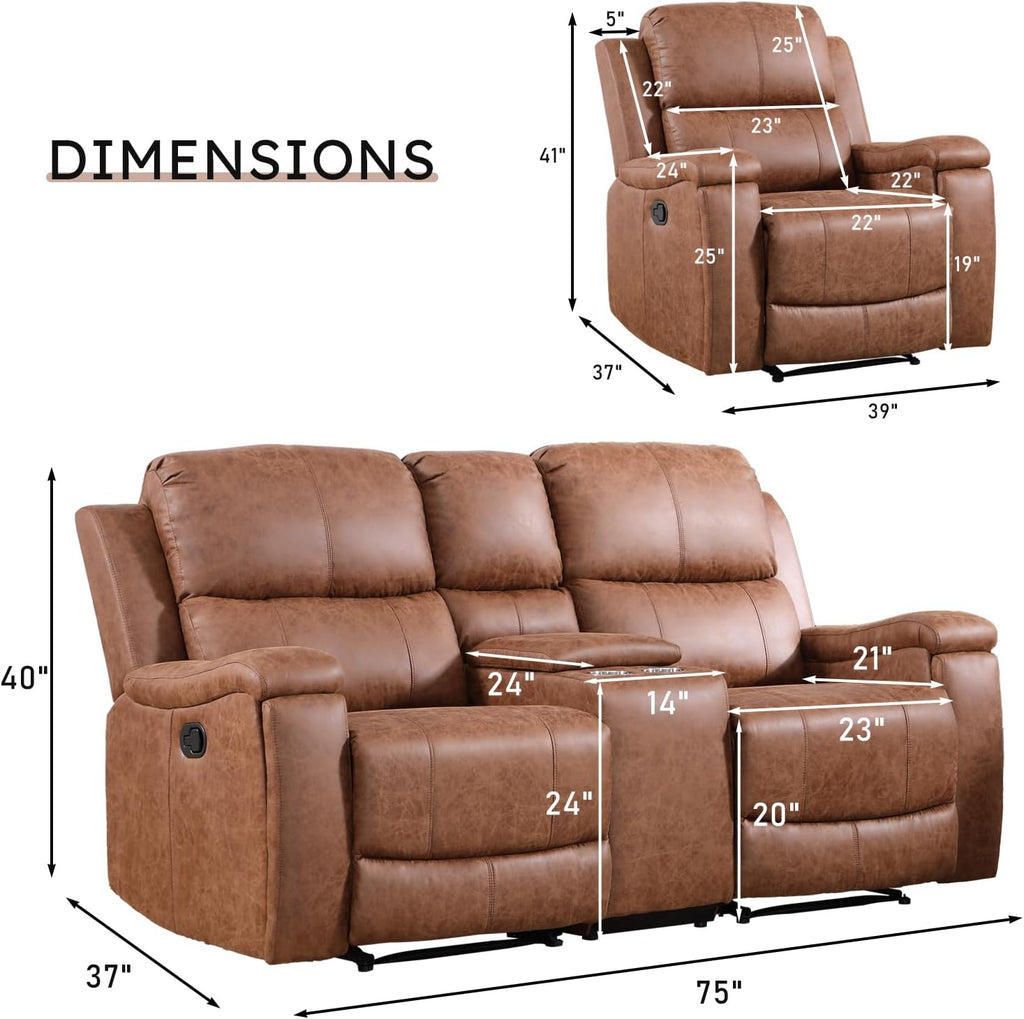 CANMOV Faux Leather Manual Reclining Sofa Set, 2 Manual Single Recliner Chairs and 2 Seat Recliner Loveseat with Center Console, Hidden Storage and Cup Holders for Living Room,Bedroom Furniture,Brown