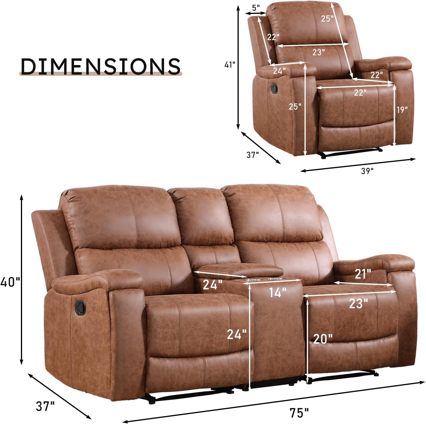 CANMOV Faux Leather Manual Reclining Sofa Set, 2 Manual Single Recliner Chairs and 2 Seat Recliner Loveseat with Center Console, Hidden Storage and Cup Holders for Living Room,Bedroom Furniture,Brown