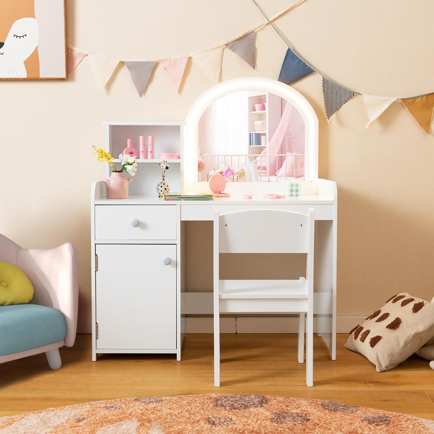 HONEY JOY Kids Vanity with Lights, Little Girls Vanity Set with Mirror and Stool and Lights, Wooden Princess Makeup Dressing Table, Storage Cabinet, Pretend Play Kids Vanity Table and Chair Set(White)