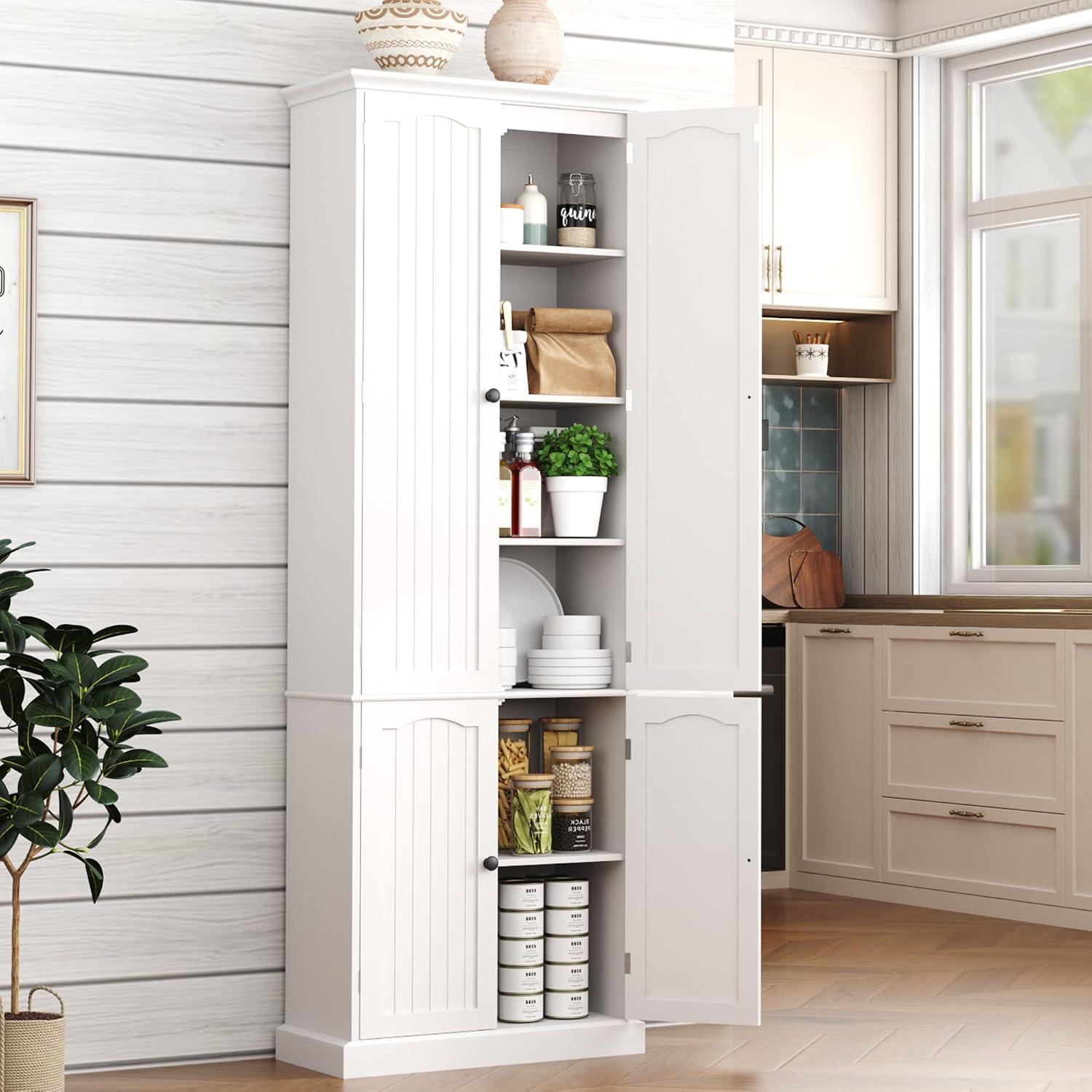 Function Home 72' Kitchen Pantry Cabinet, Tall Wood Storage Cabinet with Doors and Adjustable Shelves, 6-Tier Freestanding Cupboard for Kitchen Dining Room Living Room Bathroom, White