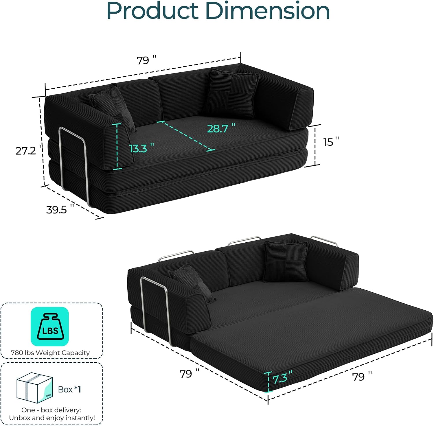 LINSY HOME Sofa Bed Couch - Convertible Boneless Couch Bed with 2 Pillow (Black) | Folding Sofa Bed