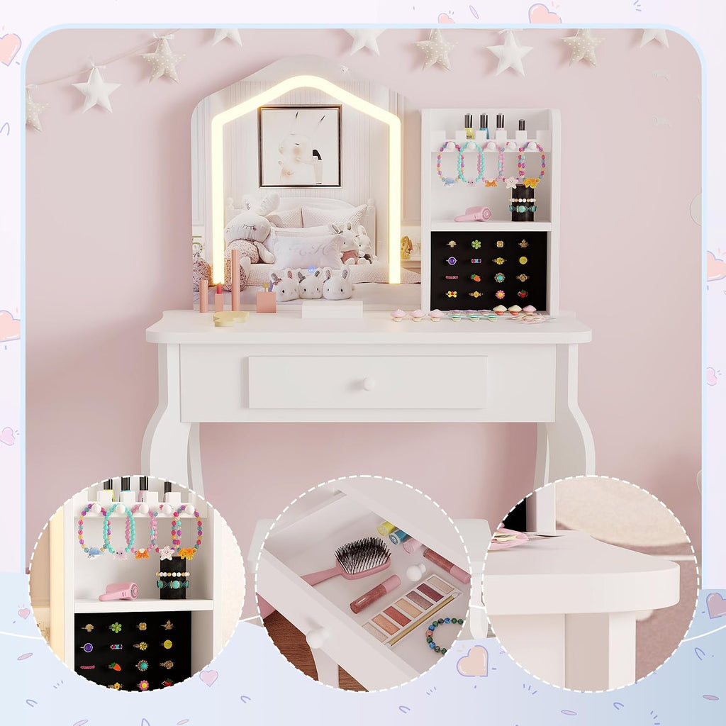 GarveeHome Kids Vanity with Lighted Mirror, Toddler Vanity Table and Chair Set, Girls Makeup Playset, White