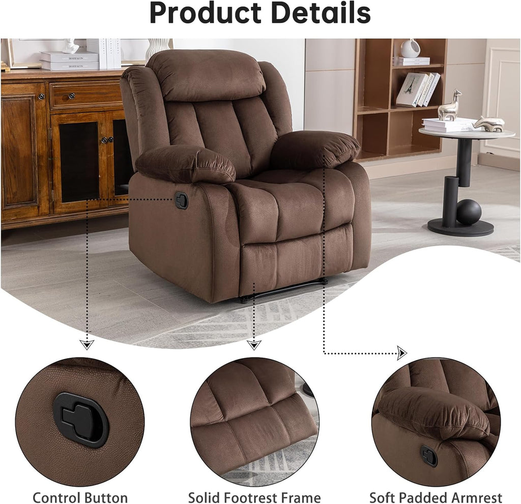 EBELLO Manual Recliner Chair, Classic and Fabric Recliner Sofa with Overstuffed Arms and Back for Living Room, Bedroom, Brown