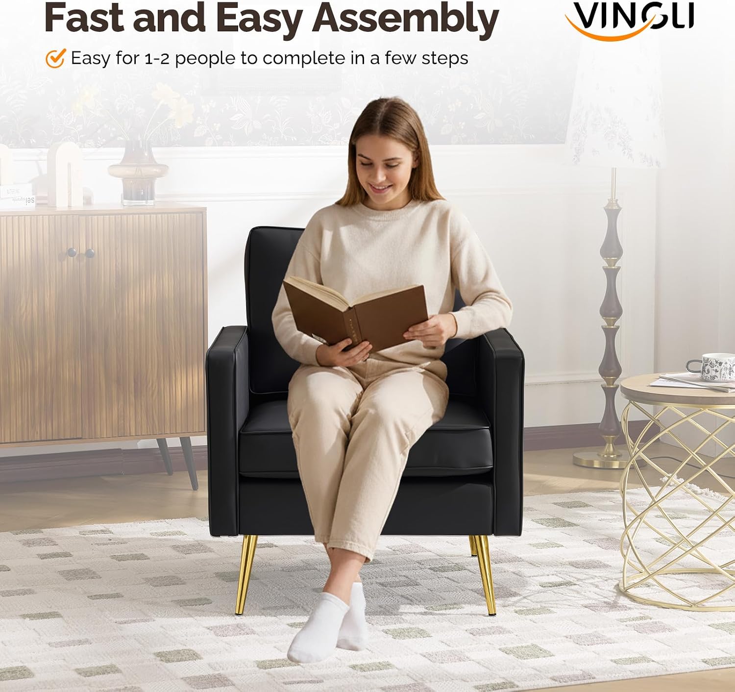 VINGLI PU Leather Accent Chairs Set of 2, Mid-Century Modern Living Room Chairs with Removable Cushions, Gold Legs, Upholstered Sofa Armchair for Bedroom, Office, Apartment, Play Room