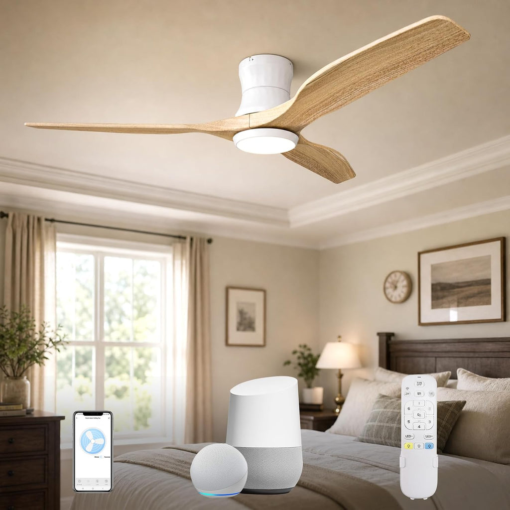 Smart 52' Flush Mount Ceiling Fan with Remote Control, Natural Wood | Quiet DC Motor, WiFi Alexa Voice Control, High CFM Dimmable LED, Low Profile, Reversible, 6 Speeds Adjustment, Time Setting