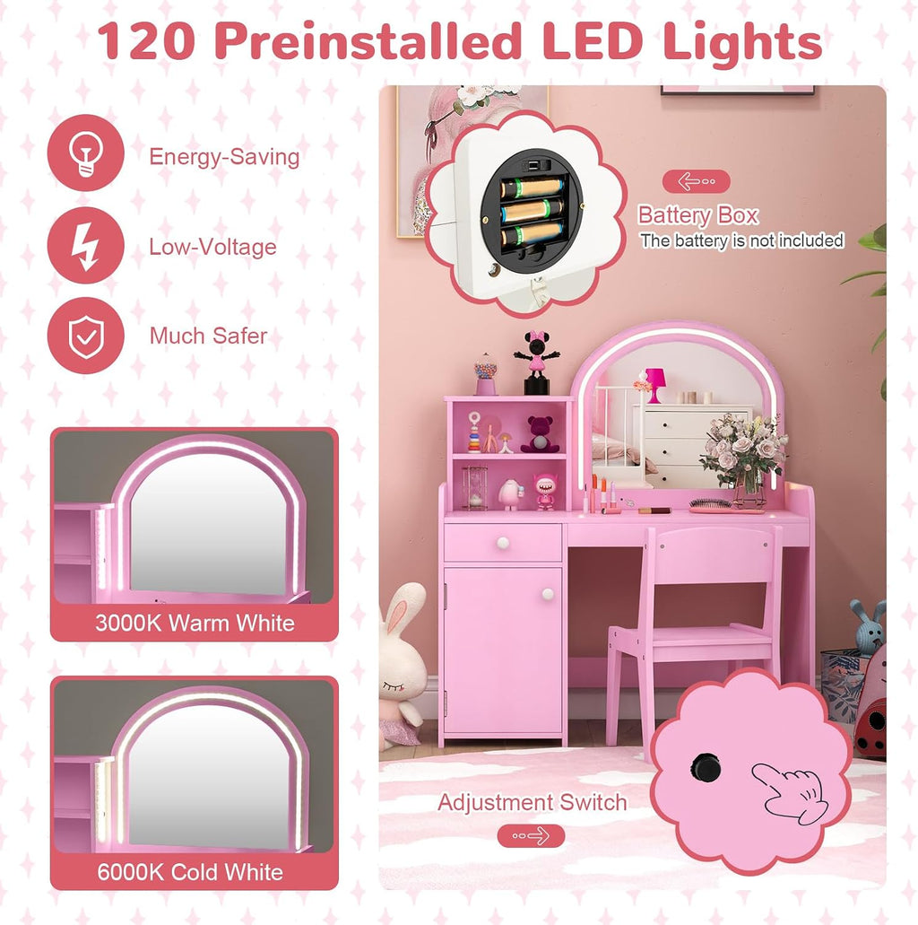 HONEY JOY Kids Vanity with Lights, Little Girls Vanity Set with Mirror and Stool and Lights, Wooden Princess Makeup Dressing Table, Storage Cabinet, Pretend Play Kids Vanity Table and Chair Set(Pink)