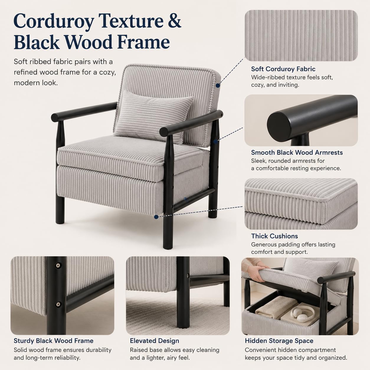 Accent Chair with Hidden Storage, Mid-Century Upholstered Armchair with Solid Wood Frame, Corduroy Fabric Accent Chair for Living Room, Bedroom, and Reading Corner(Grey)
