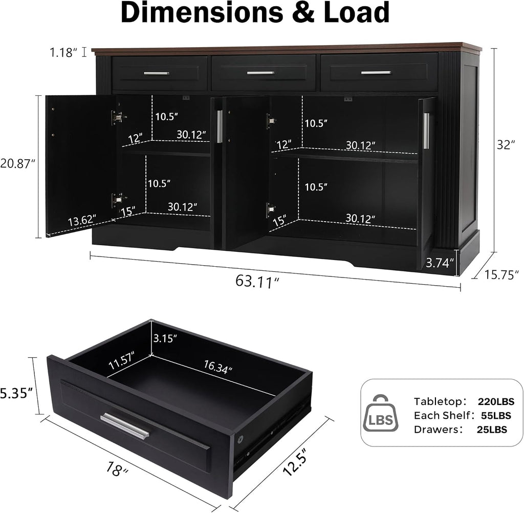 RiteSune Buffet Cabinet with Storage, 63' Modern Farmhouse Coffee Bar Cabinets with 3 Drawers and 4 Doors, Black Sideboard Buffet Cabinet, Wood Buffet Storage Table for Kitchen, Dining Room (Black)