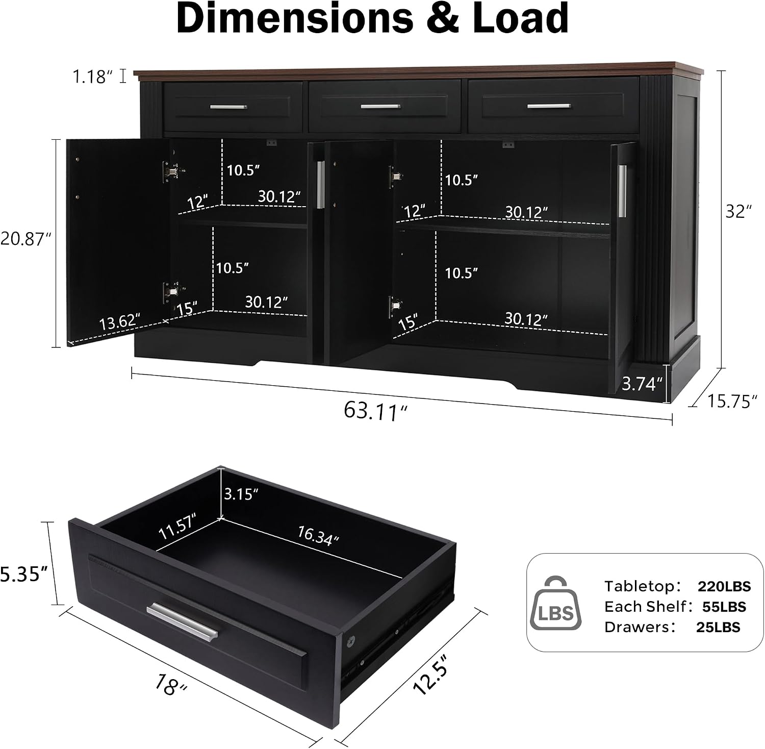 RiteSune Buffet Cabinet with Storage, 63' Modern Farmhouse Coffee Bar Cabinets with 3 Drawers and 4 Doors, Black Sideboard Buffet Cabinet, Wood Buffet Storage Table for Kitchen, Dining Room (Black)