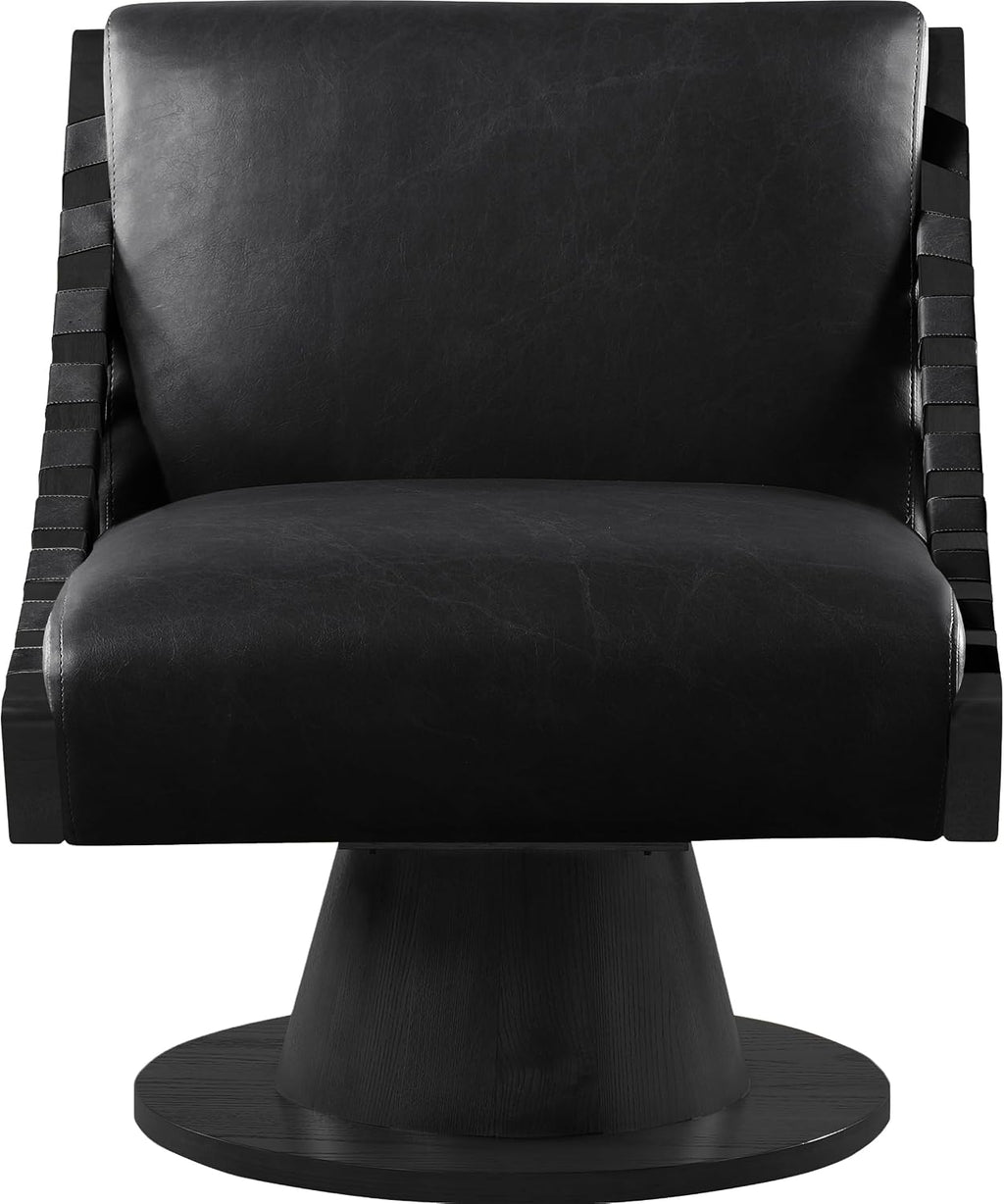 Meridian Furniture 33002Black Millwin Collection Art Deco Swivel Accent Chair with Rich Black Vegan Leather, Black Finish, Solid Wood Frame and Base, 28' W x 30' D x 32.5' H, Black