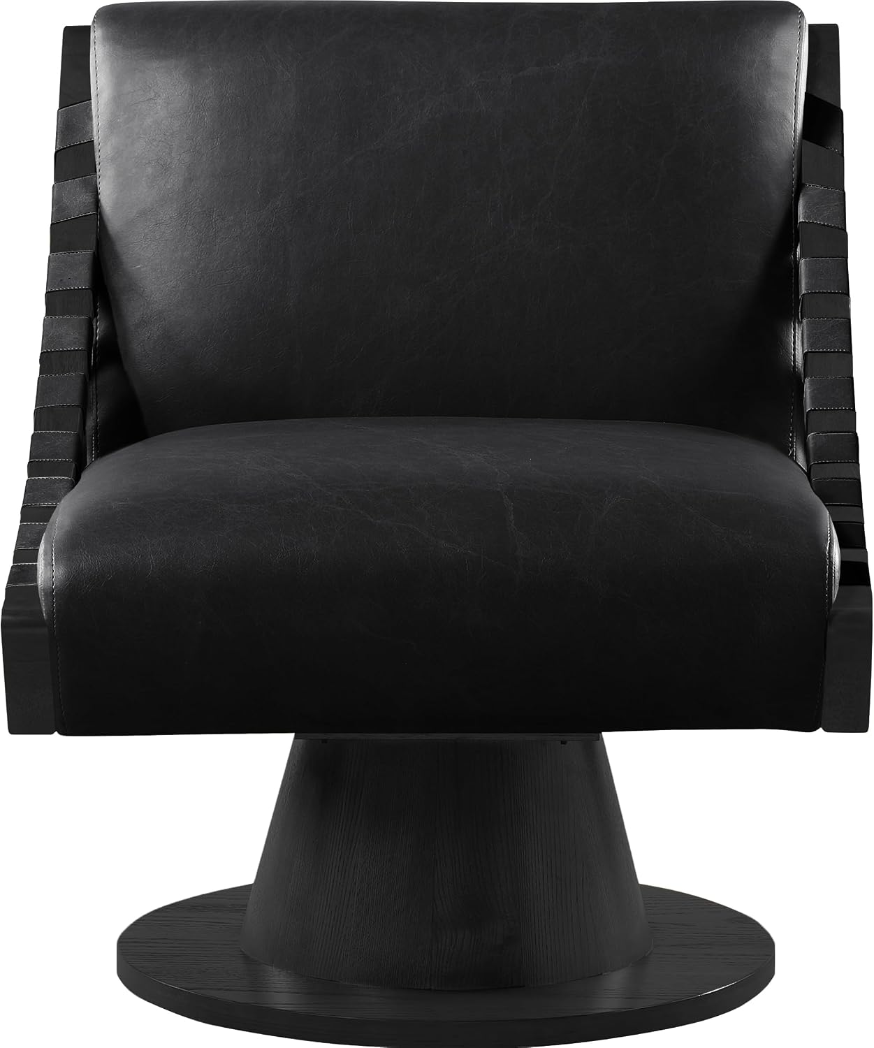 Meridian Furniture 33002Black Millwin Collection Art Deco Swivel Accent Chair with Rich Black Vegan Leather, Black Finish, Solid Wood Frame and Base, 28' W x 30' D x 32.5' H, Black