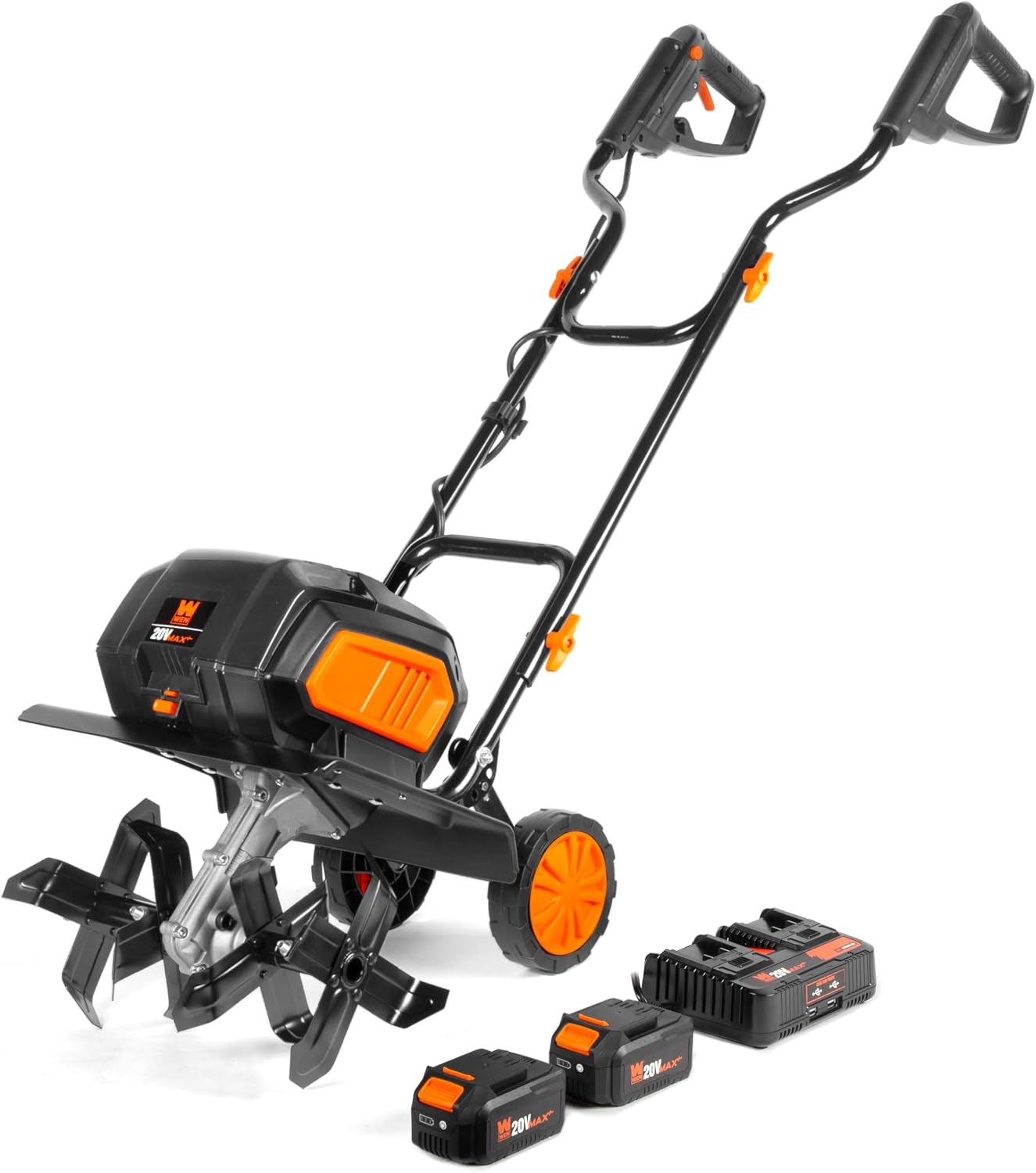 WEN 20V Max Cordless 14-Inch Brushless Electric Tiller with Two 4.0 Ah Batteries and Dual-Port Charger (20724)