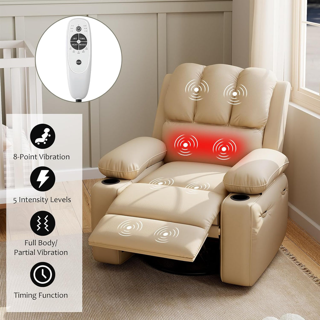 IDEALHOUSE Power Recliner Chair with Massage and Heat, Leather Fabric Reclining Sofa Chair, 360° Swivel Recliner Chairs with Cup Holder for Living Room, Bedroom, Nursery, Beige